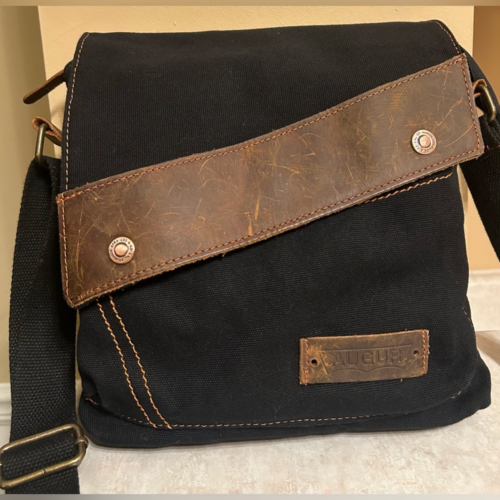 AUGUR FABRIC CANVAS LEATHER CROSSBODY PURSE BAG Black Gold Brown magnetic close
